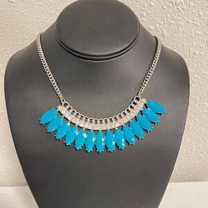 Turquoise Blue Statement Necklace Silver Tone Chain Bib Modern Bold